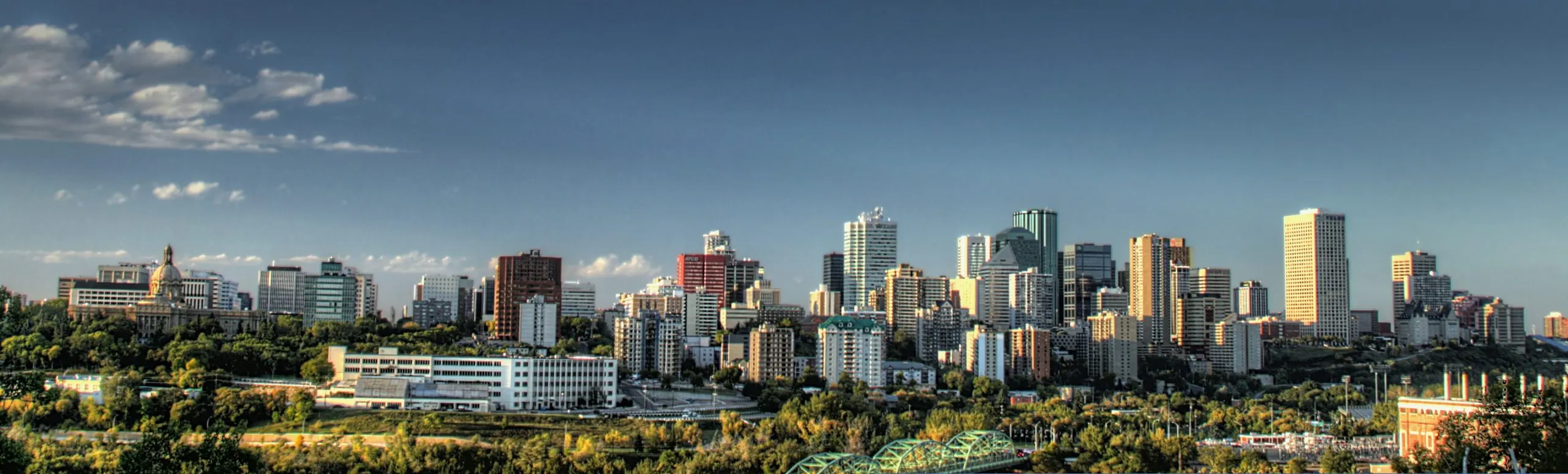 A wide panorama of the downtown Edmonton, Alberta skyline